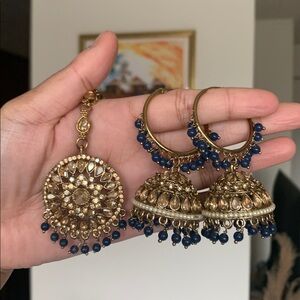 Blue and Gold Earrings & Tikka Set